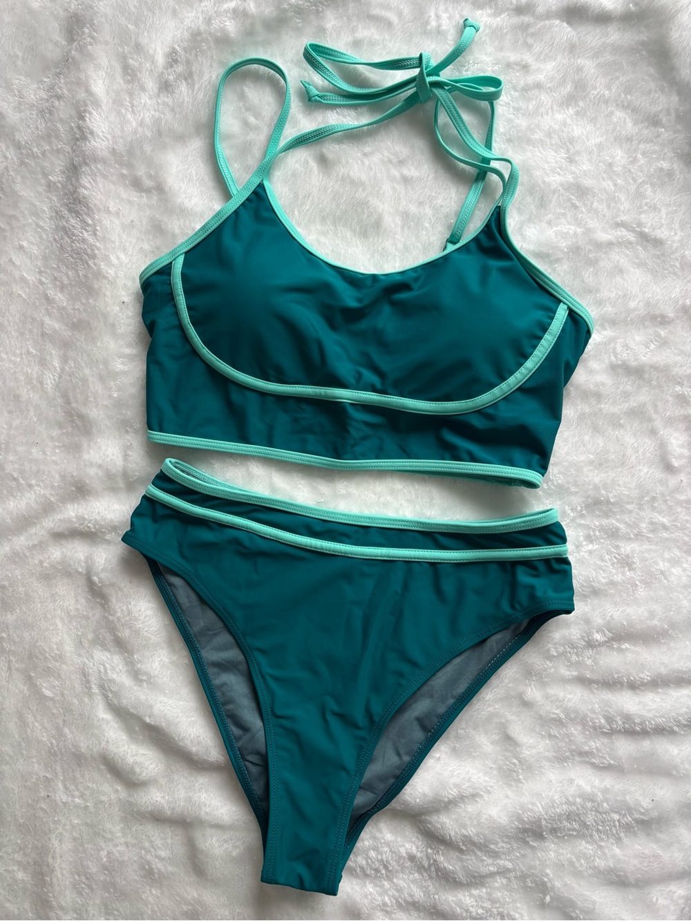 Anrabess Teal High-Waist Two-Piece Swim Bikini with Mint Trim